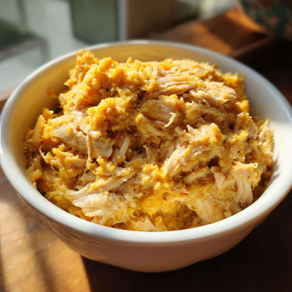 A bowl of Pumpkin & Chicken Mash for Toy Breeds. The mash is a mix of pumpkin and shredded chicken.
