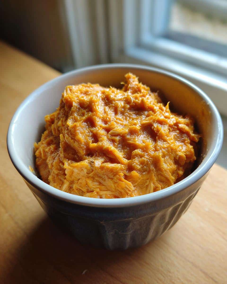 A bowl of homemade Pumpkin & Chicken Mash for Toy Breeds, ready to serve.