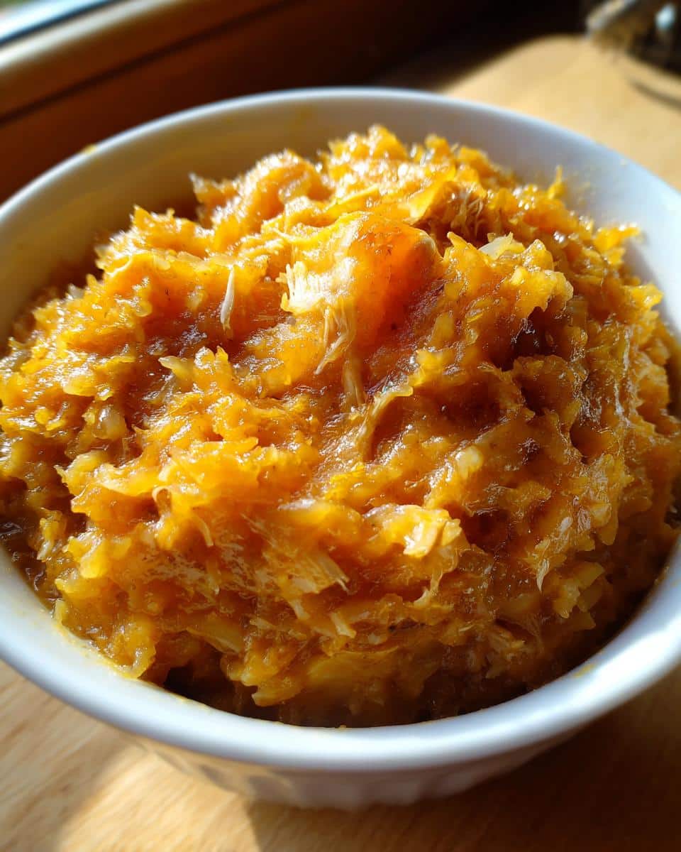 Close-up of Pumpkin & Chicken Mash for Toy Breeds in a white bowl, showing texture and ingredients.