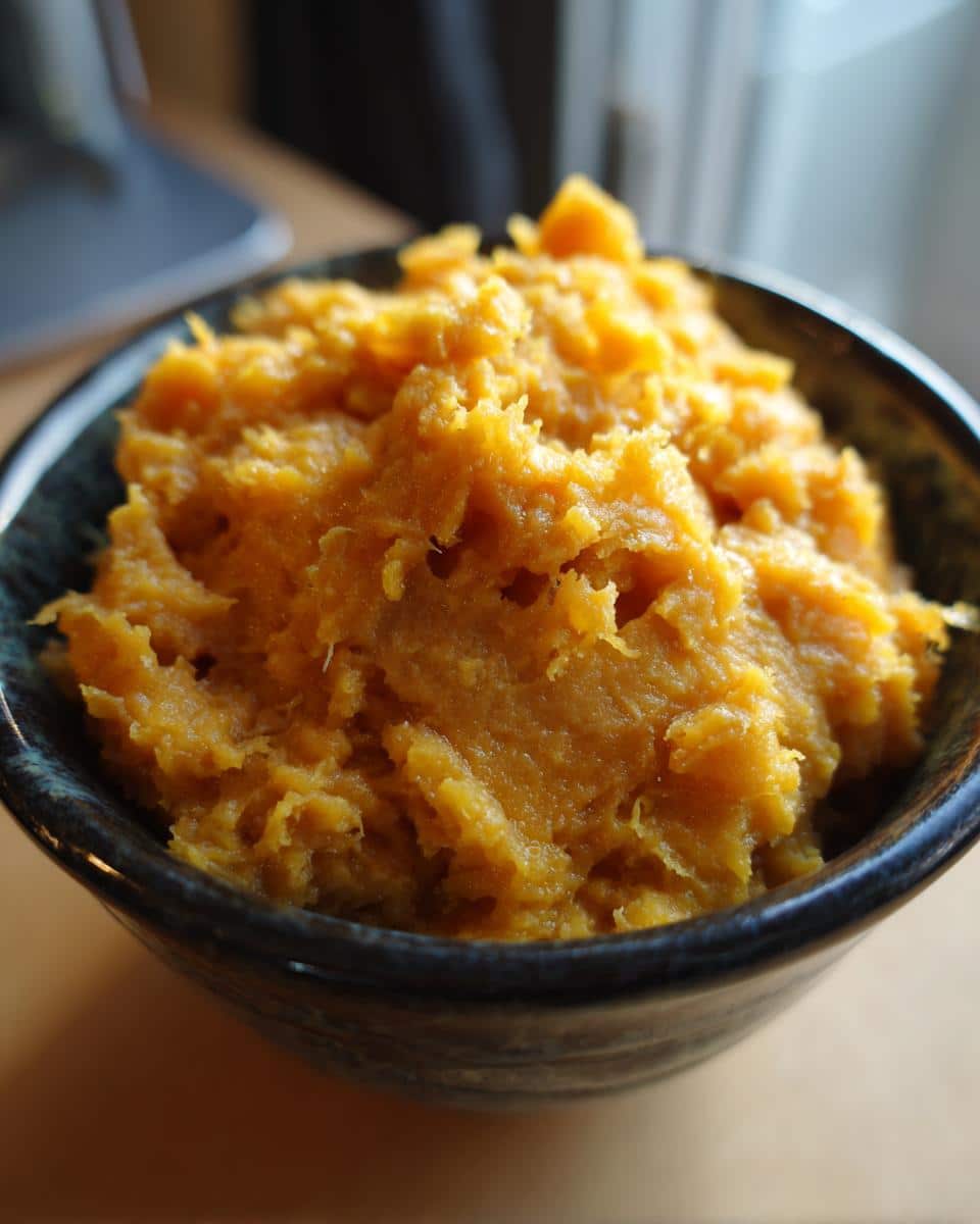 Close-up of Pumpkin & Chicken Mash for Toy Breeds in a dark blue bowl.