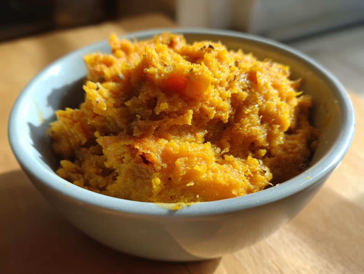 A bowl of homemade Pumpkin & Chicken Mash for Toy Breeds, showing a smooth, appetizing texture.