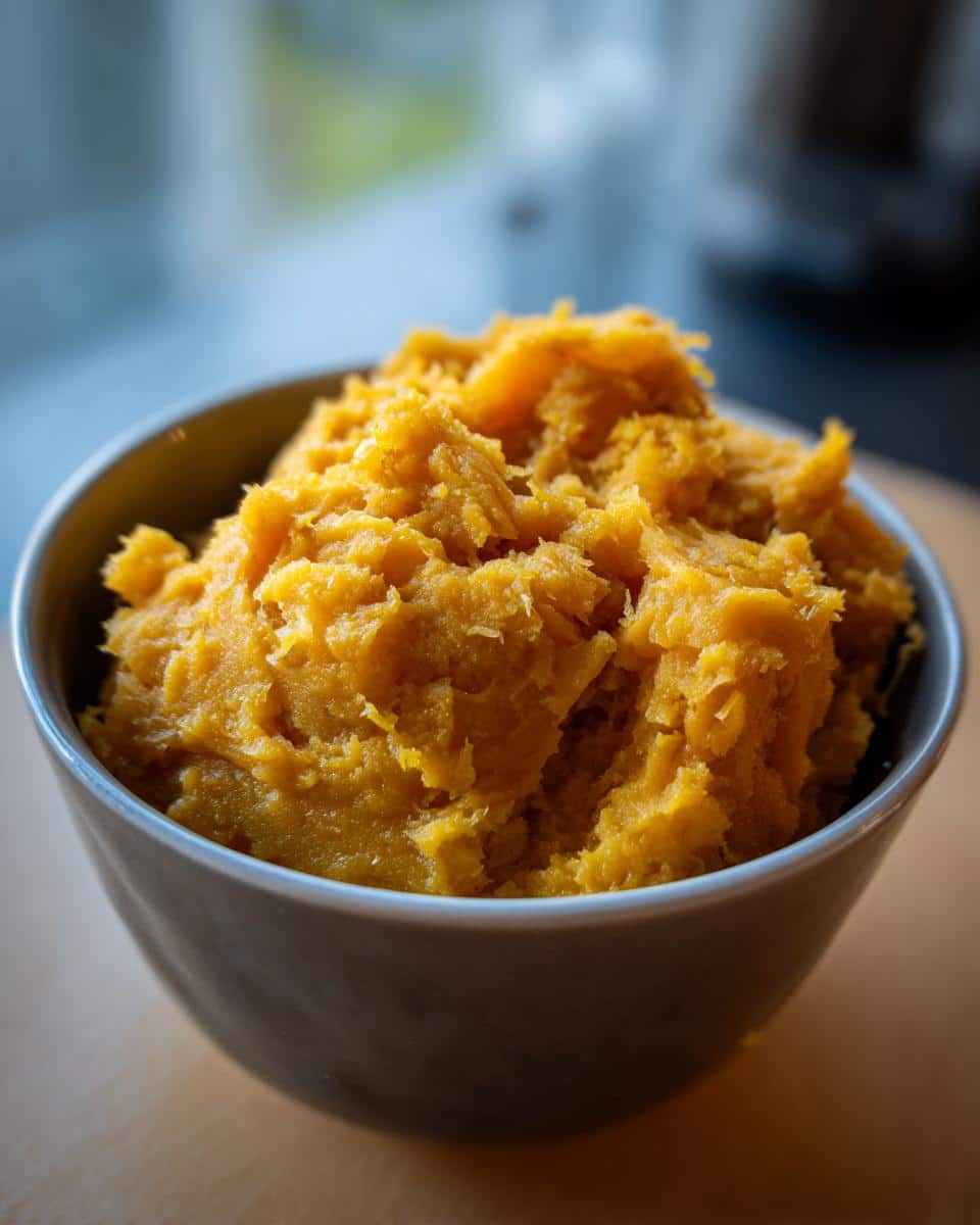 Bowl of homemade Pumpkin & Chicken Mash for Toy Breeds. Healthy dog food.