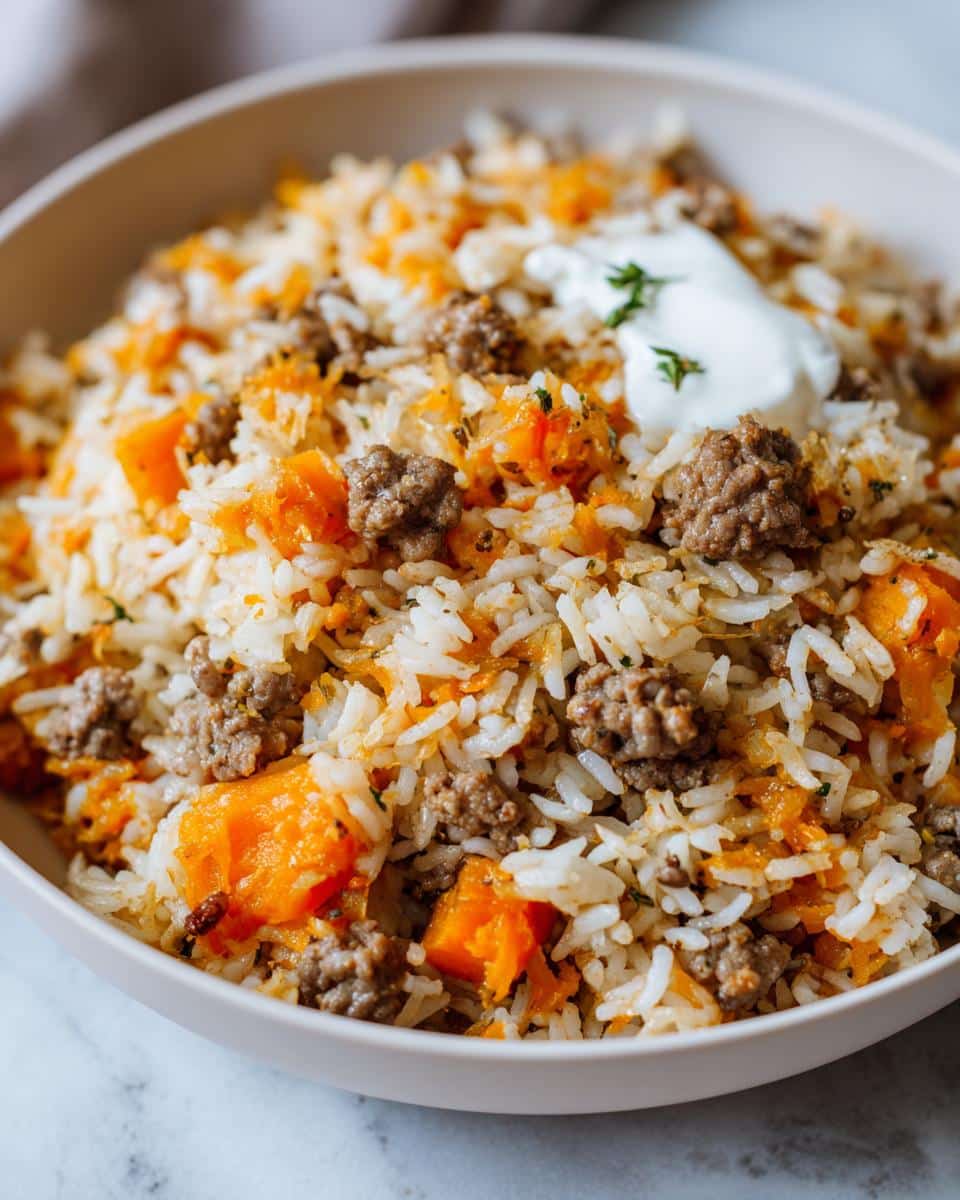 A bowl of Pumpkin & Rice Digestive Health Dog Meal, featuring rice, pumpkin, meat, and a dollop of yogurt.
