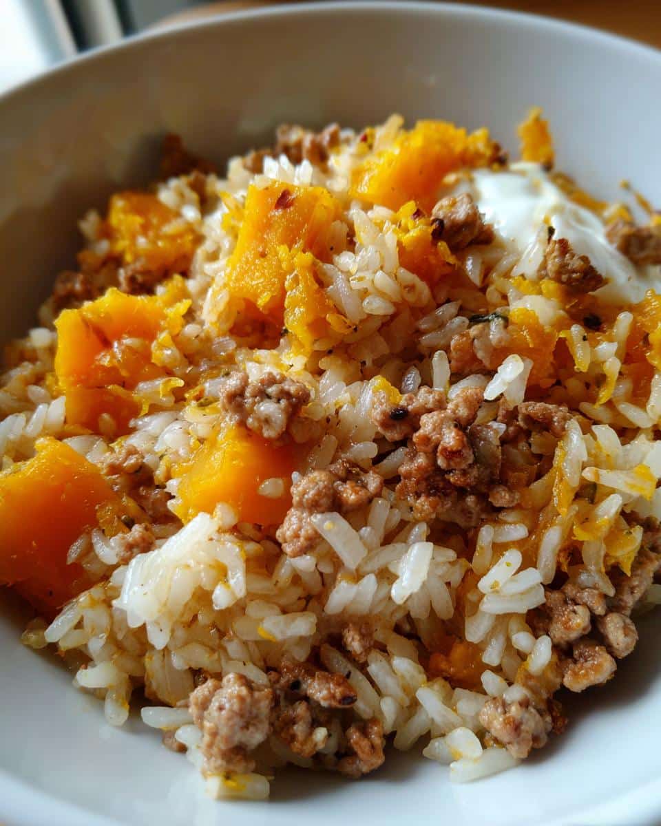 Bowl of Pumpkin & Rice Digestive Health Dog Meal, featuring rice, pumpkin, and meat.