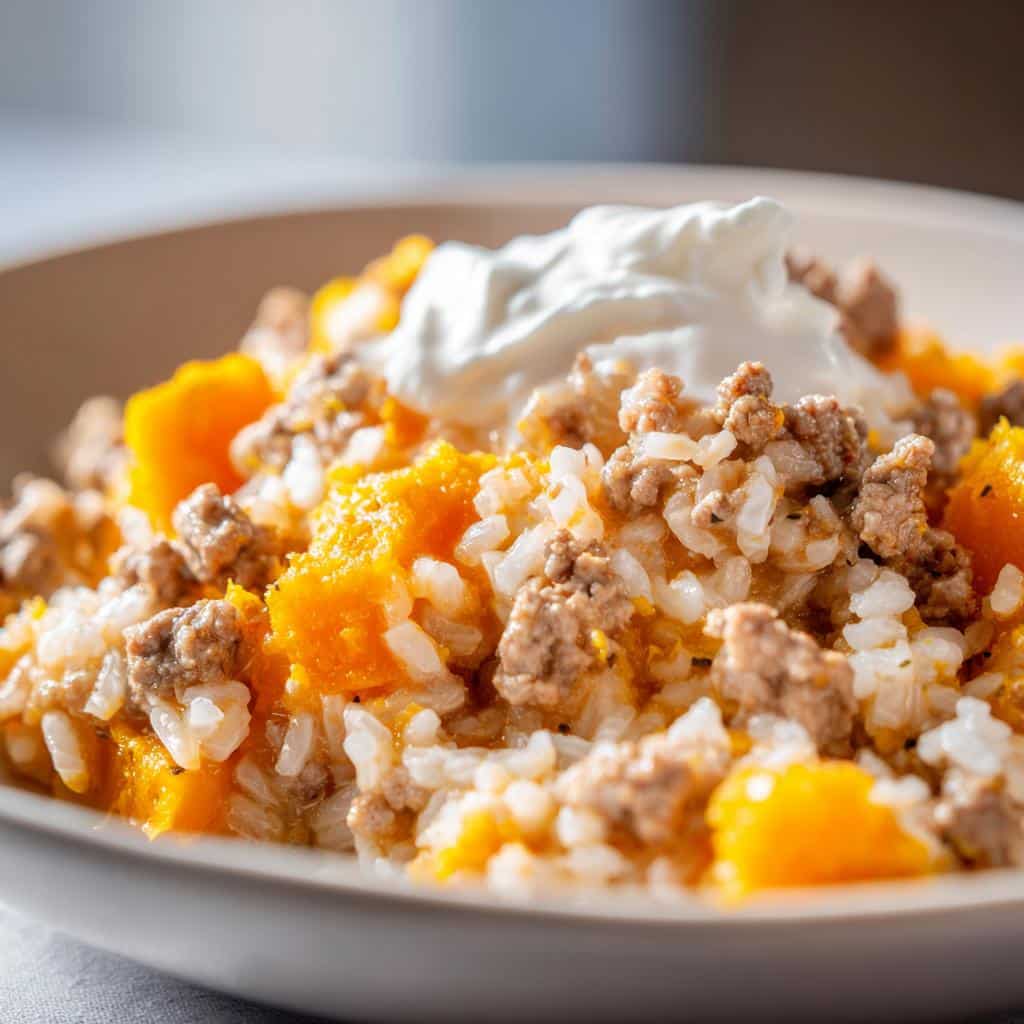 A bowl of Pumpkin & Rice Digestive Health Dog Meal, topped with a dollop of yogurt.