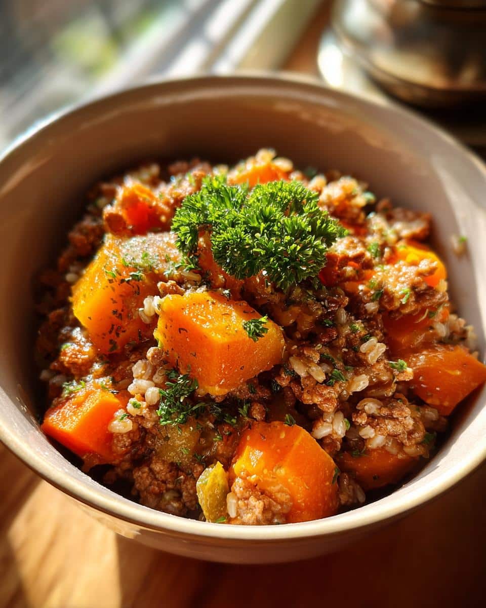 A delicious Easy Pumpkin & Turkey Dog Bowl treat, featuring pumpkin, turkey, and rice, garnished with parsley.