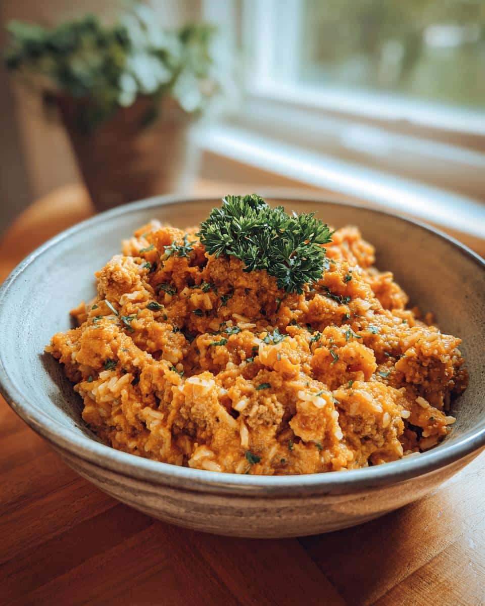 A grey bowl filled with Easy Pumpkin & Turkey Dog Bowl, garnished with parsley, sits on a wooden surface.