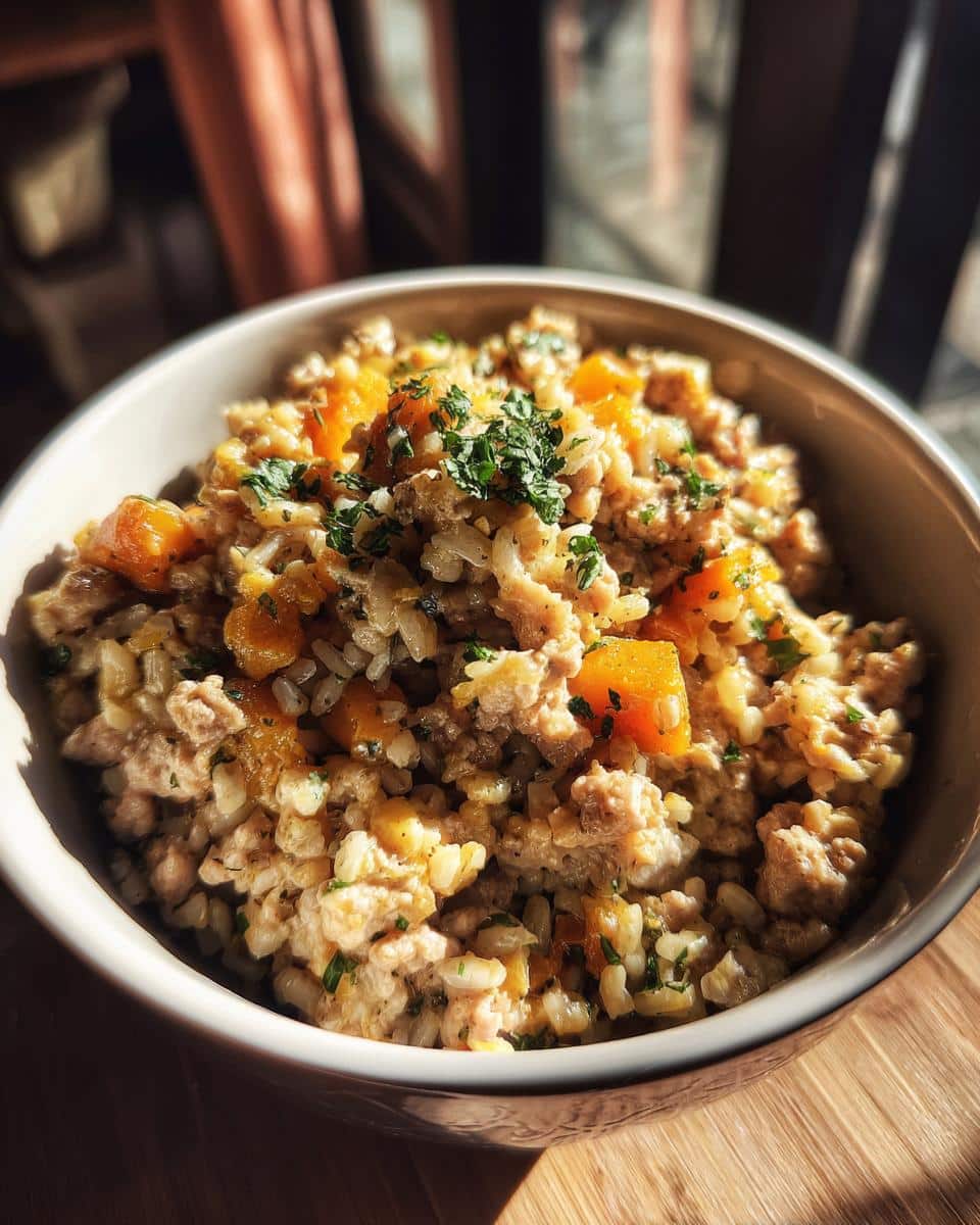 A bowl of Easy Pumpkin & Turkey Dog Bowl, a healthy homemade dog treat recipe. 