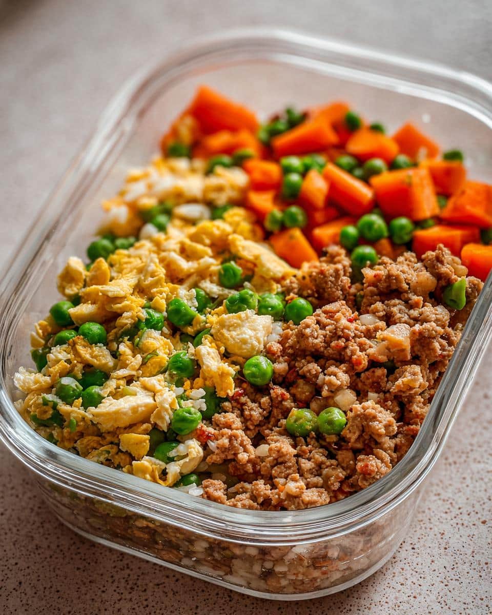 A glass container filled with Quick Turkey & Egg Dog Meal Prep, including turkey, egg, carrots, and peas.