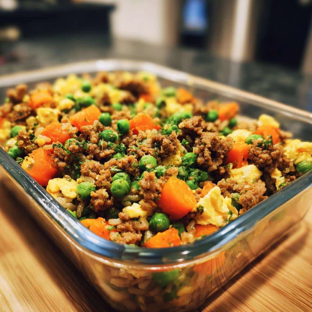 Close-up of Quick Turkey & Egg Dog Meal Prep in a glass container, featuring turkey, eggs, carrots, and peas.