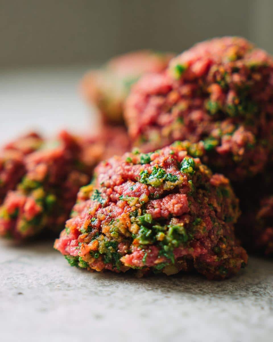 Close-up of raw beef and broccoli dog food, part of a Raw Beef & Broccoli Dog Recipe.
