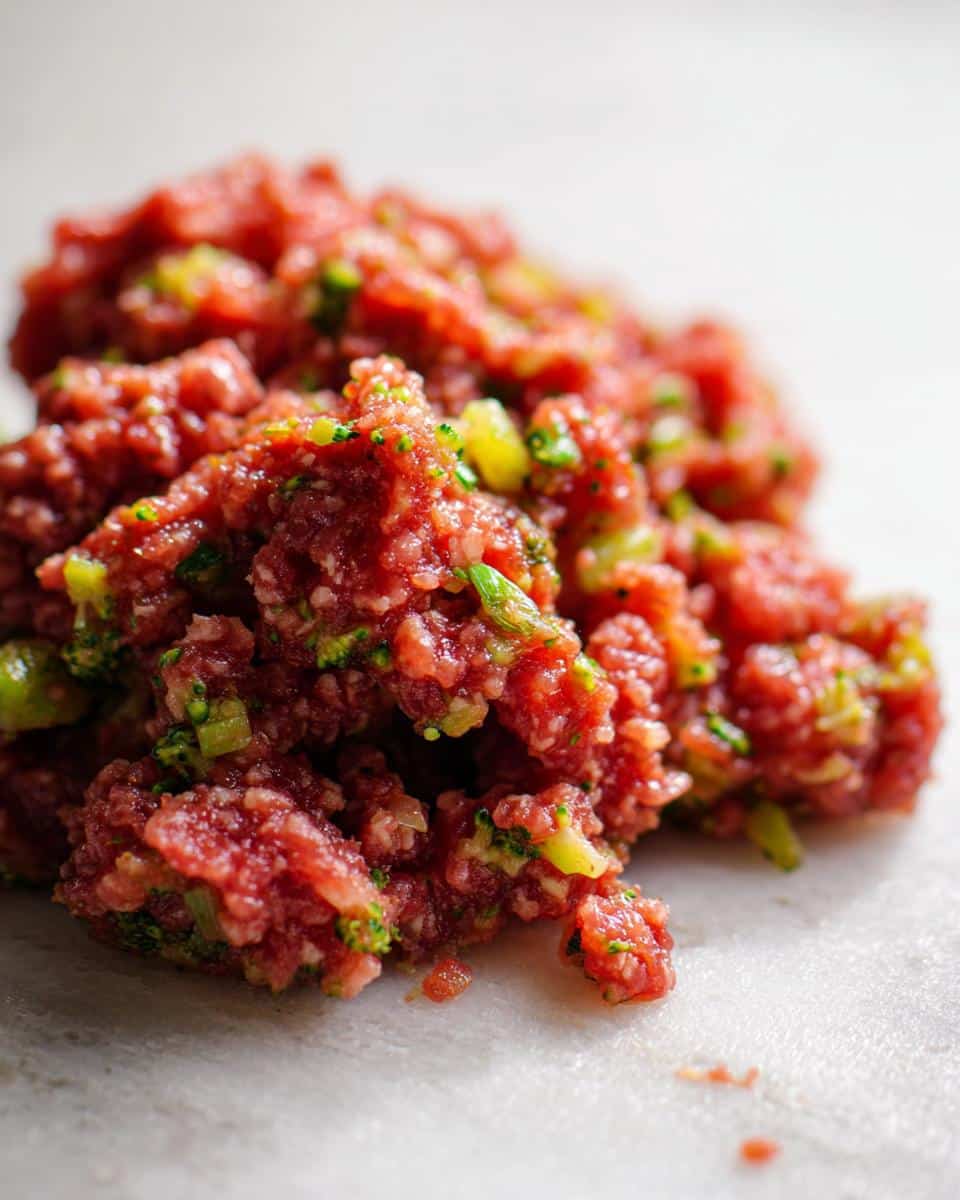 Close-up of Raw Beef & Broccoli Dog Recipe ingredients, showing ground beef mixed with chopped broccoli.