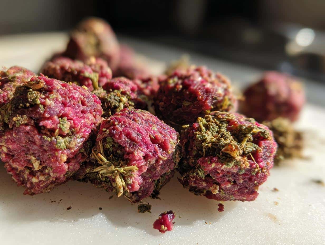 Close-up of raw beef and broccoli dog food balls, part of a homemade recipe.
