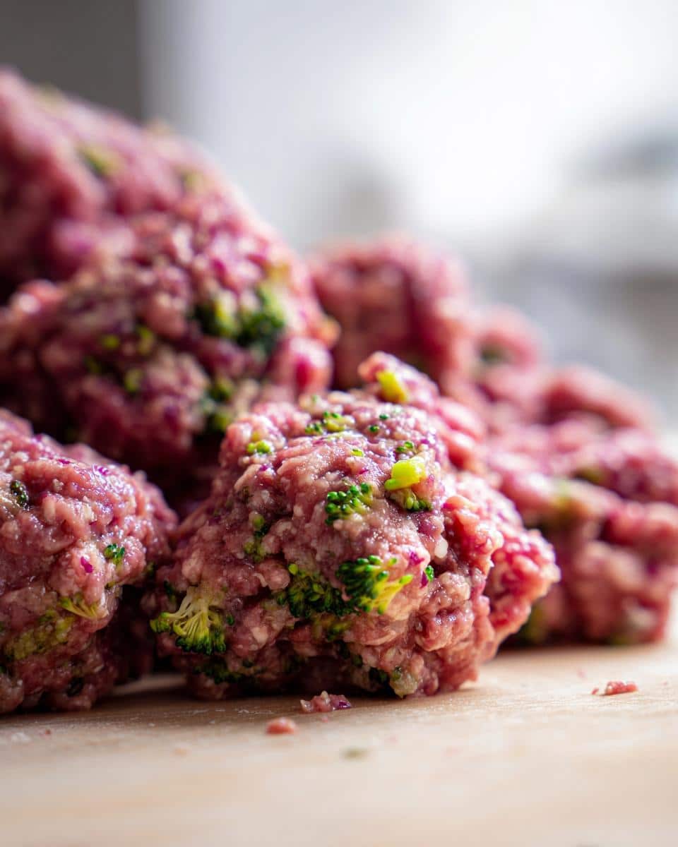 Close-up of raw beef and broccoli mixture for a dog recipe, showing ground beef with small pieces of broccoli.