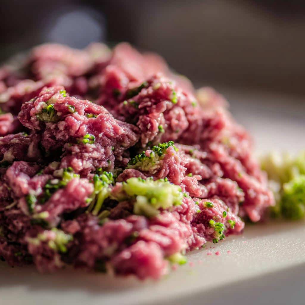 Close-up of raw ground beef mixed with chopped broccoli for a Raw Beef & Broccoli Dog Recipe.
