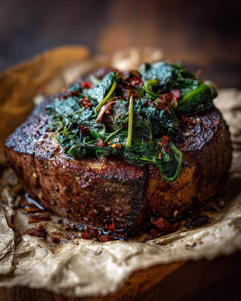 Close-up of raw beef topped with spinach, prepared as a Raw Beef & Spinach Fresh Dog Meal.