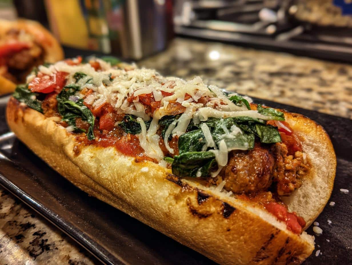Close-up of a Raw Beef & Spinach Fresh Dog Meal served on a bun, topped with tomato and cheese.
