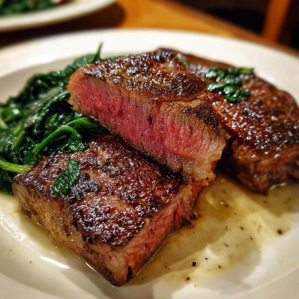 Close-up of Raw Beef & Spinach Fresh Dog Meal, showing rare beef and fresh spinach on a plate.