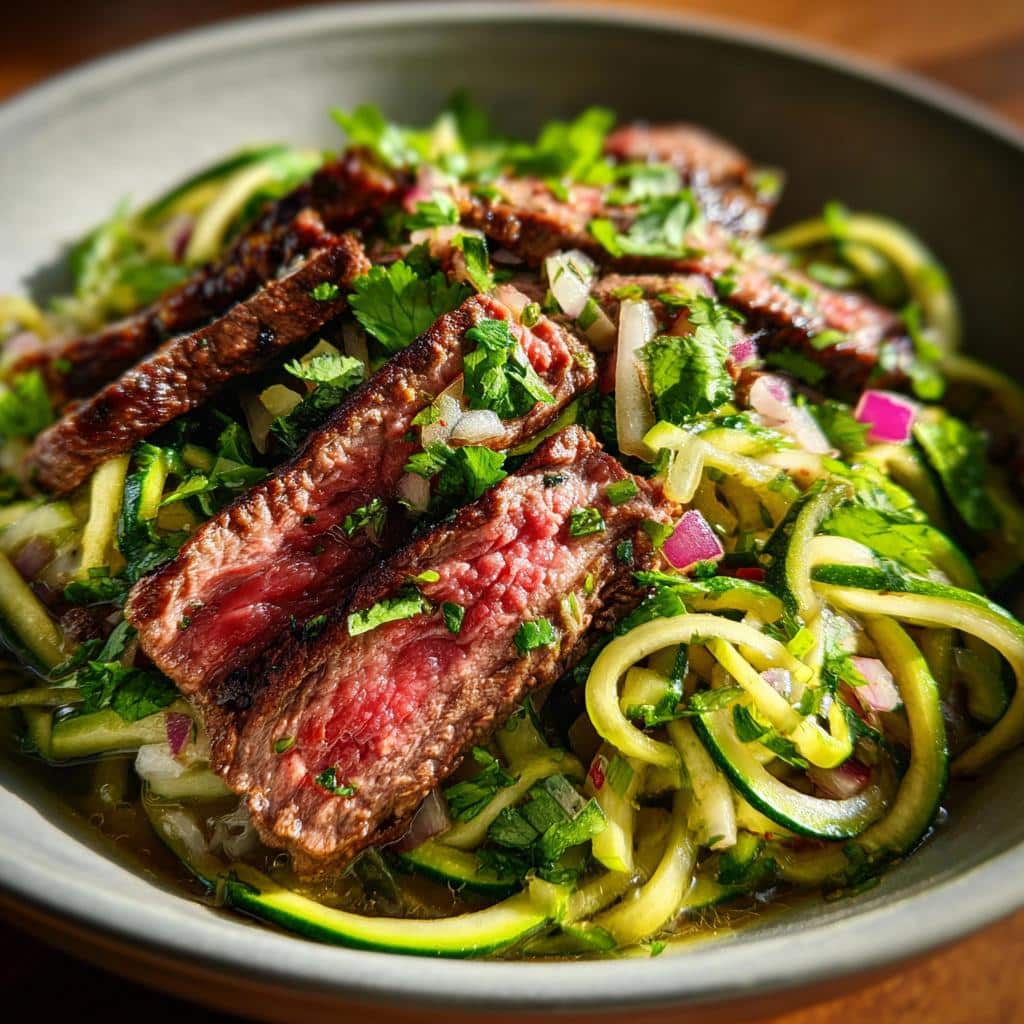 A close-up of the Raw Beef & Zucchini Protein Bowl, featuring sliced beef, zucchini noodles, and fresh herbs.
