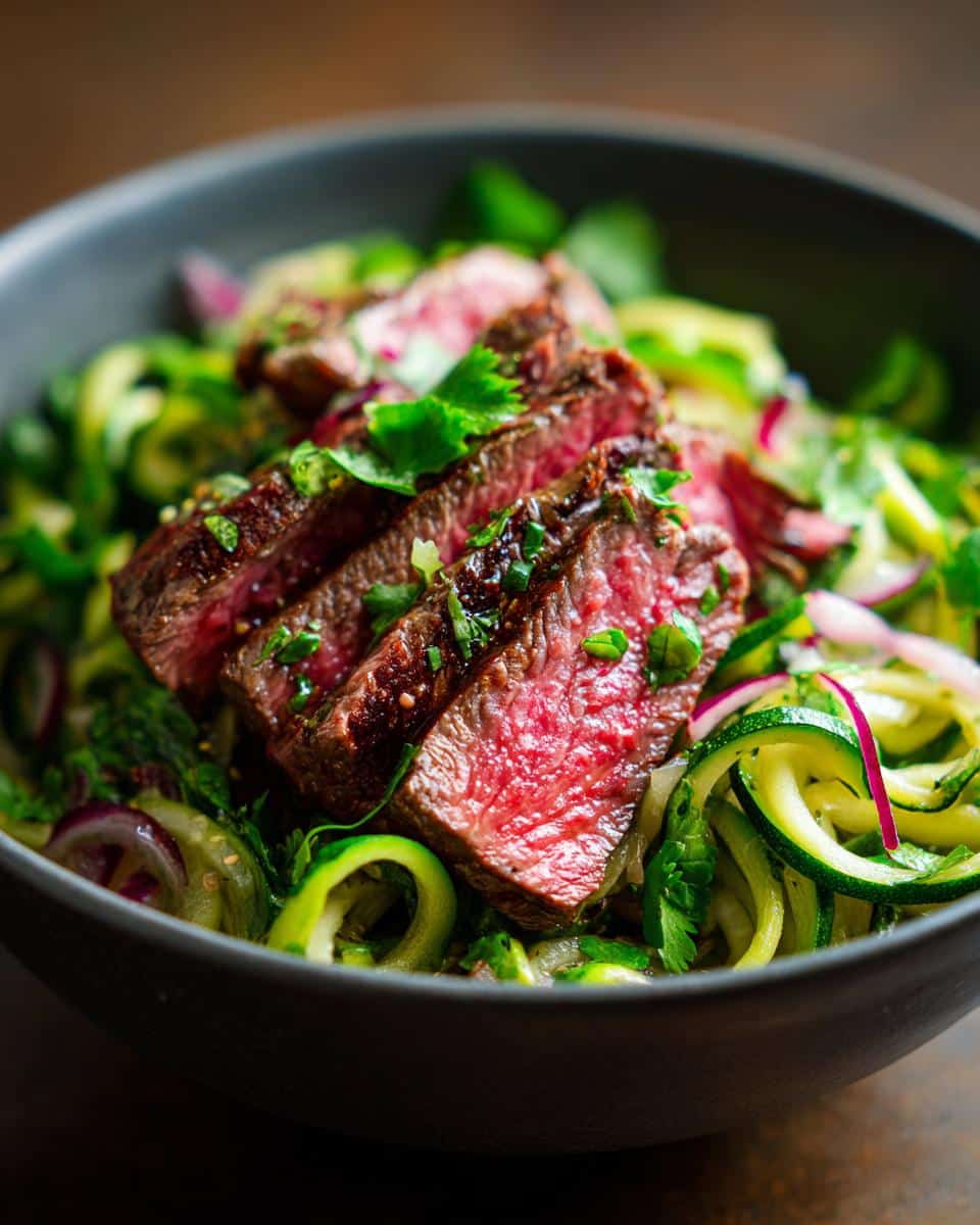 Close-up of a Raw Beef & Zucchini Protein Bowl with sliced beef, zucchini noodles, and herbs.