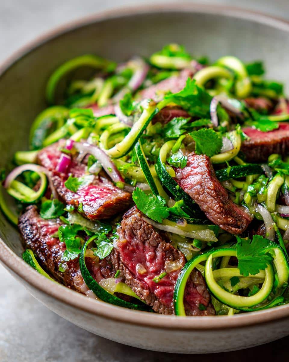 A close-up of Raw Beef & Zucchini Protein Bowl, featuring sliced beef, zucchini noodles, and red onions.