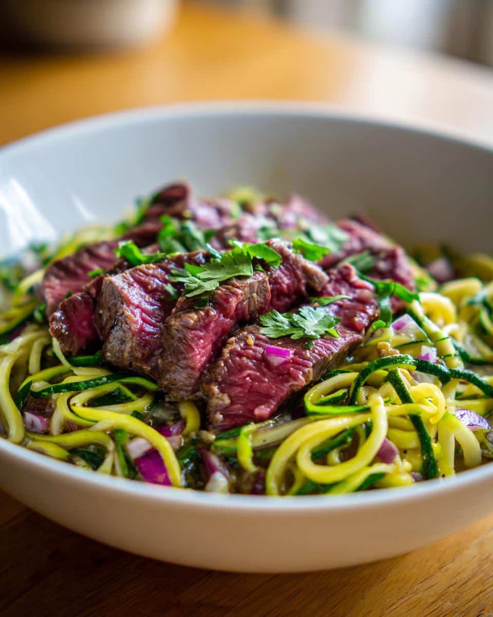 A vibrant Raw Beef & Zucchini Protein Bowl with sliced steak, zucchini noodles, and herbs.