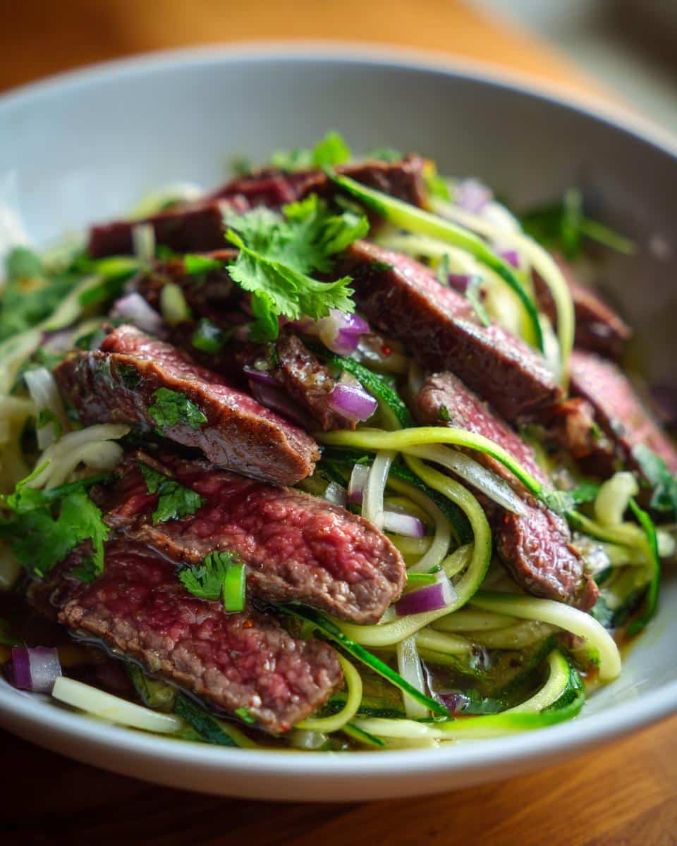A close-up of a Raw Beef & Zucchini Protein Bowl, featuring sliced raw beef, zucchini noodles, and herbs.