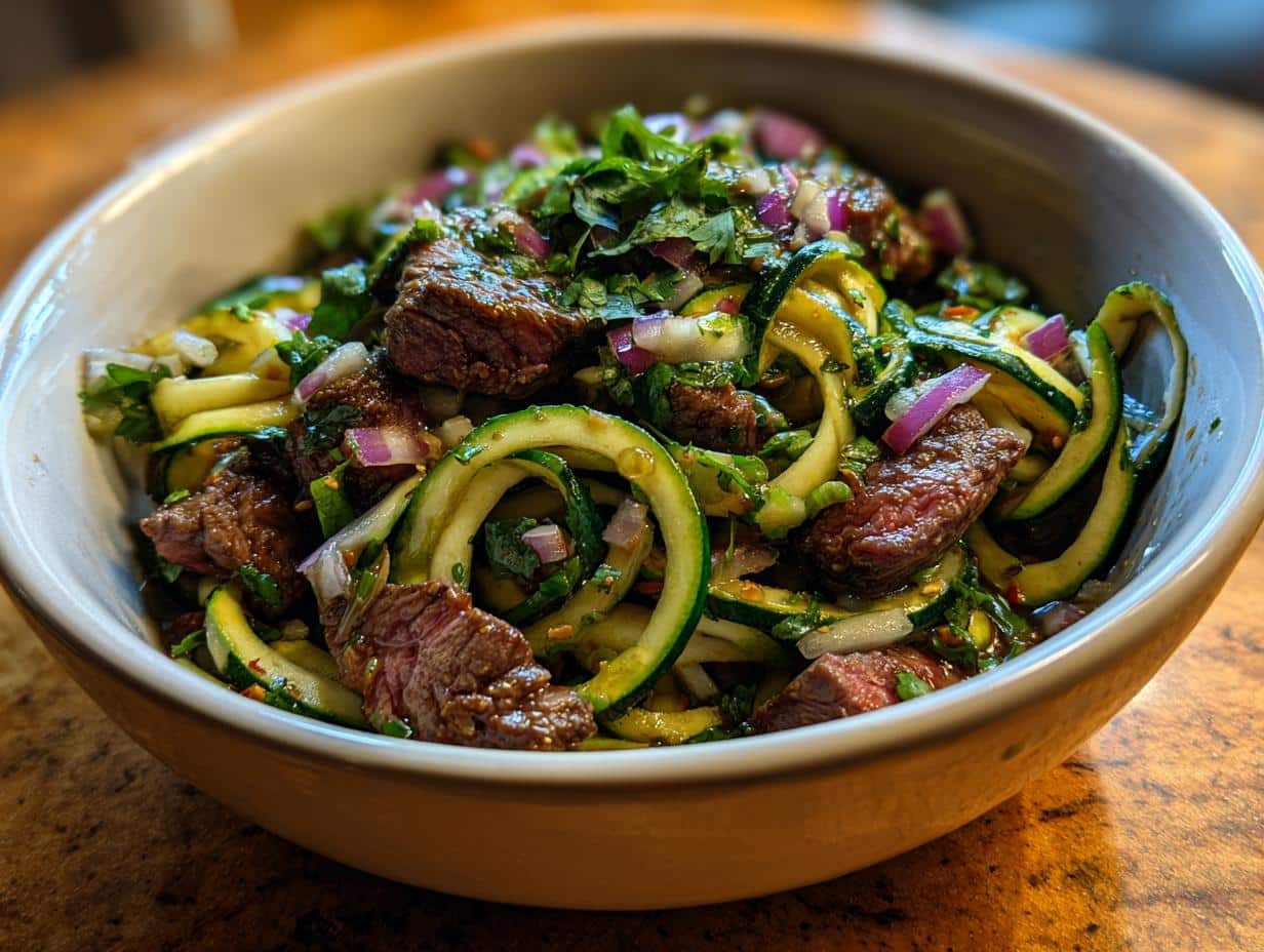 Close-up of a Raw Beef & Zucchini Protein Bowl with beef, zucchini noodles, red onion, and herbs in a white bowl.