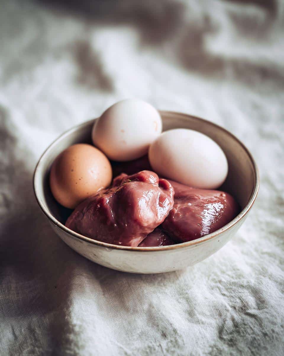 Bowl of raw chicken liver and eggs, ingredients for Raw Chicken Liver & Egg Dog Food.