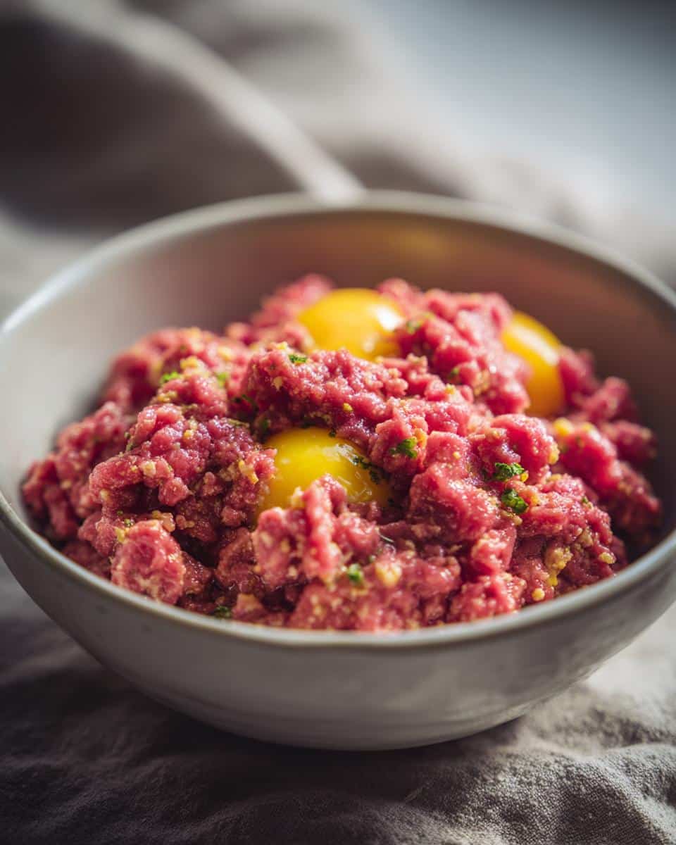 A bowl of Raw Chicken Liver & Egg Dog Food, featuring ground liver and raw egg yolks.