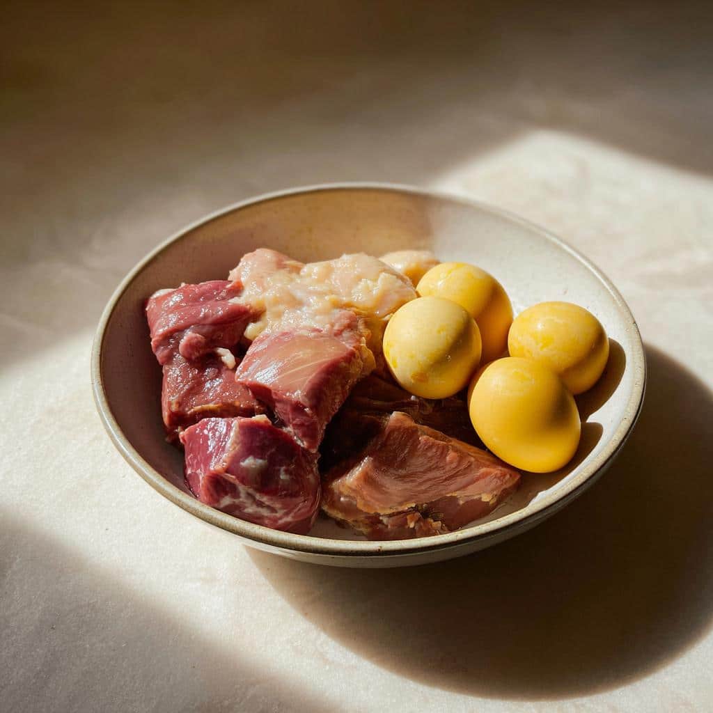 Bowl of raw chicken liver, eggs, and other ingredients for Raw Chicken Liver & Egg Dog Food.