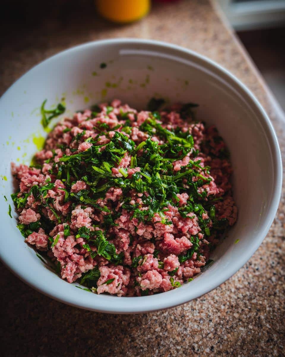 A bowl of raw chicken and spinach, prepared for a Raw Chicken & Spinach Dog Food Bowl.