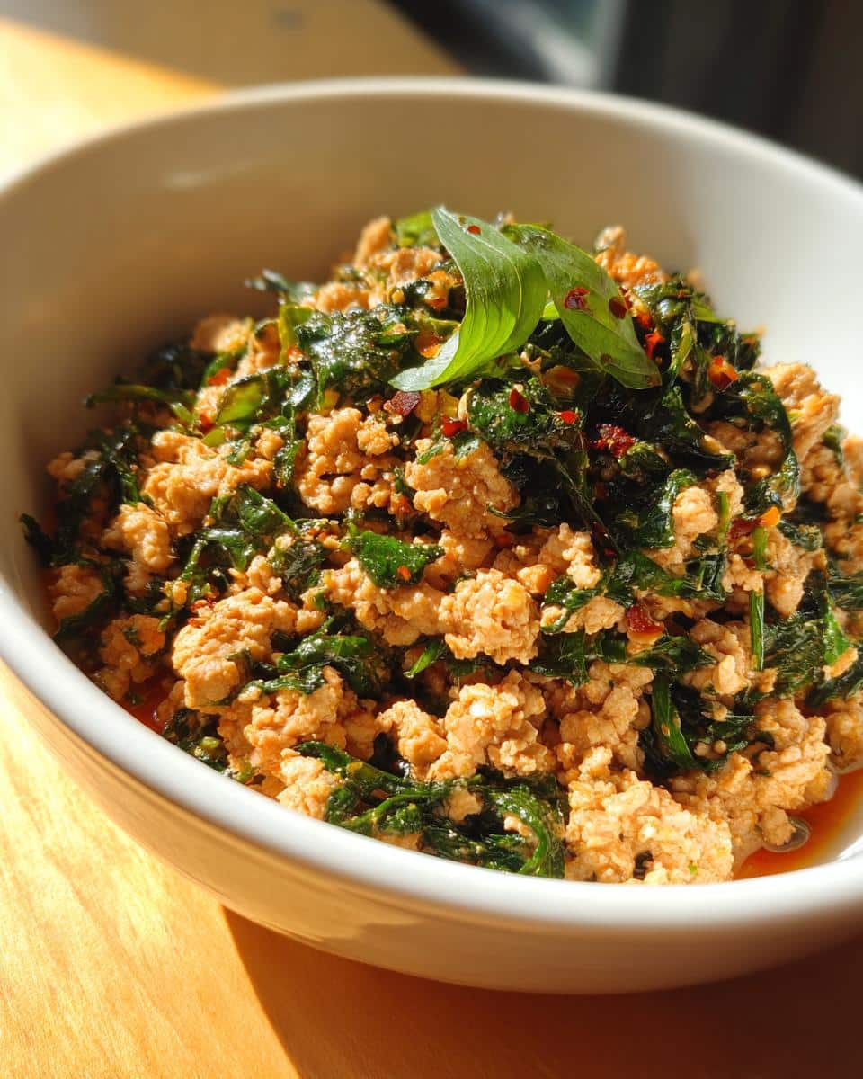 A bowl of Raw Chicken & Spinach Dog Food Bowl, garnished with fresh basil and red pepper flakes.