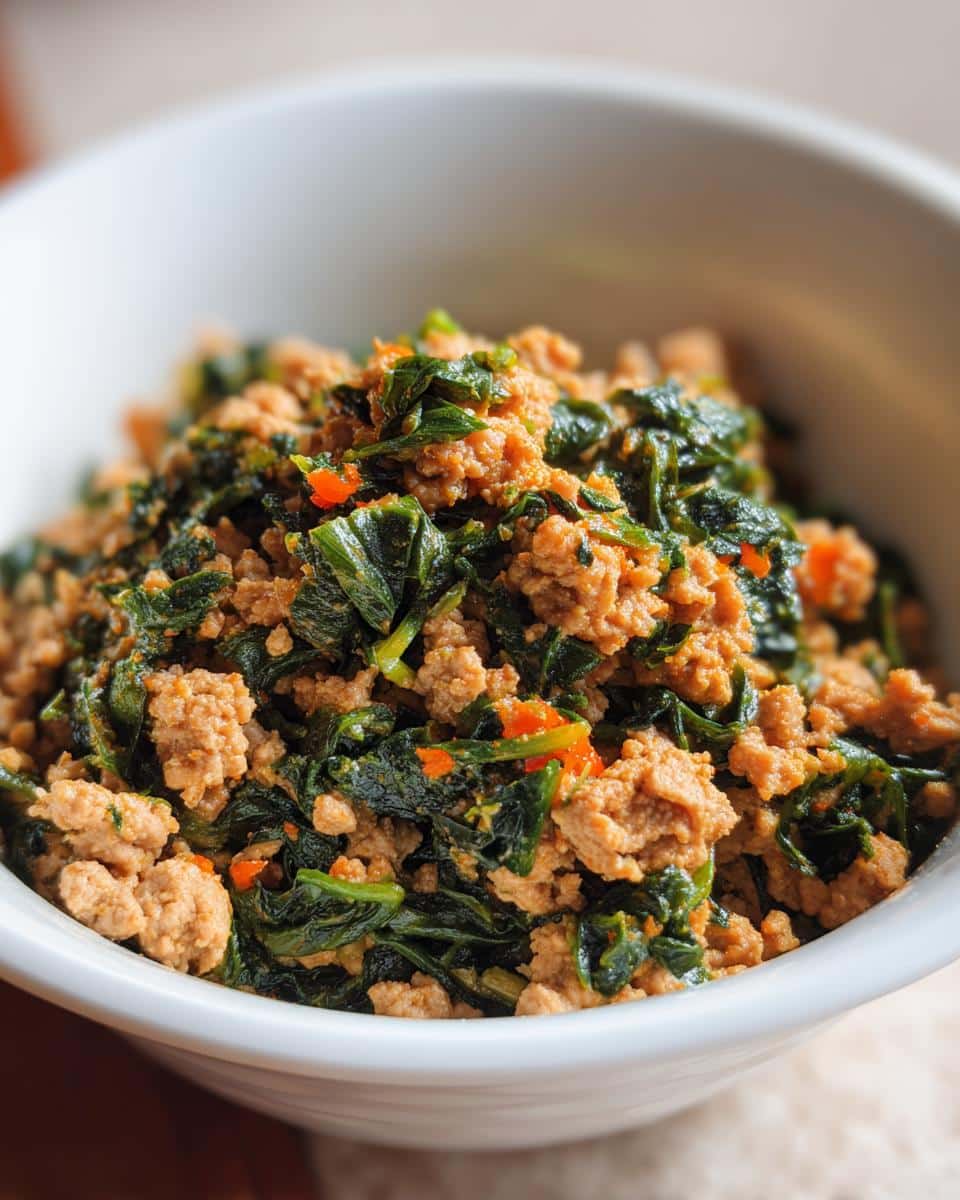 A white bowl filled with Raw Chicken & Spinach Dog Food Bowl, featuring ground chicken and spinach.