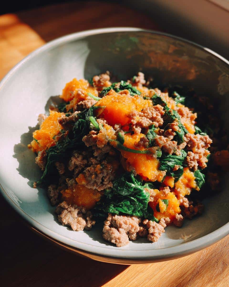 A bowl of nutritious Raw Lamb & Pumpkin Dog Meal with spinach, ready to be served to your furry friend.