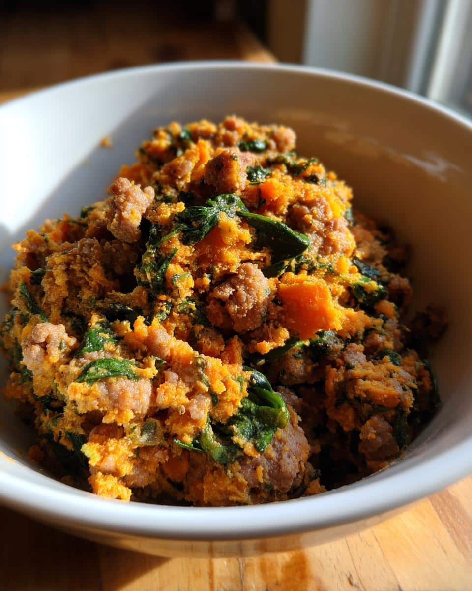 A bowl filled with Raw Lamb & Pumpkin Dog Meal, featuring lamb, pumpkin, and spinach.