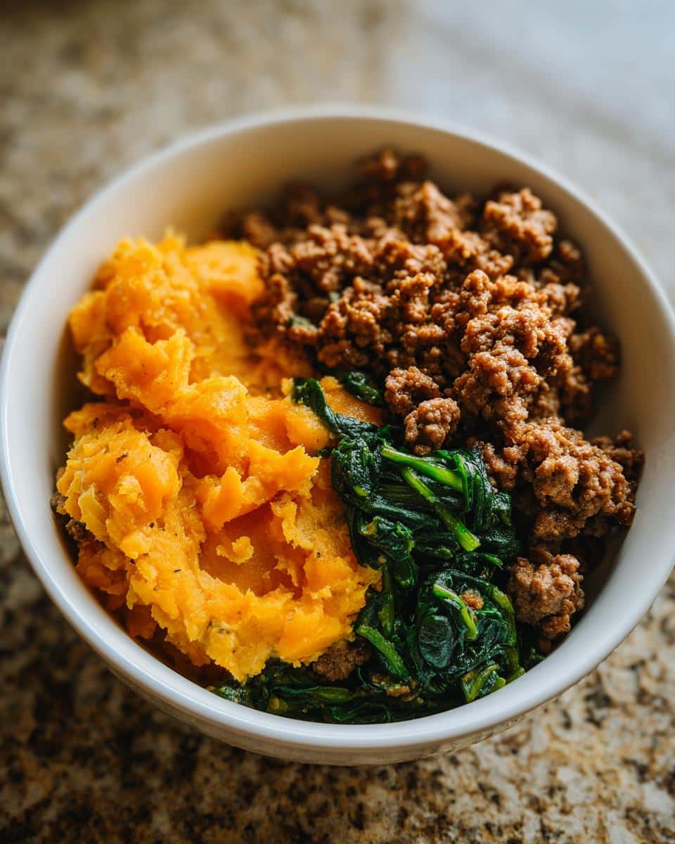 Overhead shot of a bowl filled with Raw Lamb & Pumpkin Dog Meal, including lamb, pumpkin, and spinach.