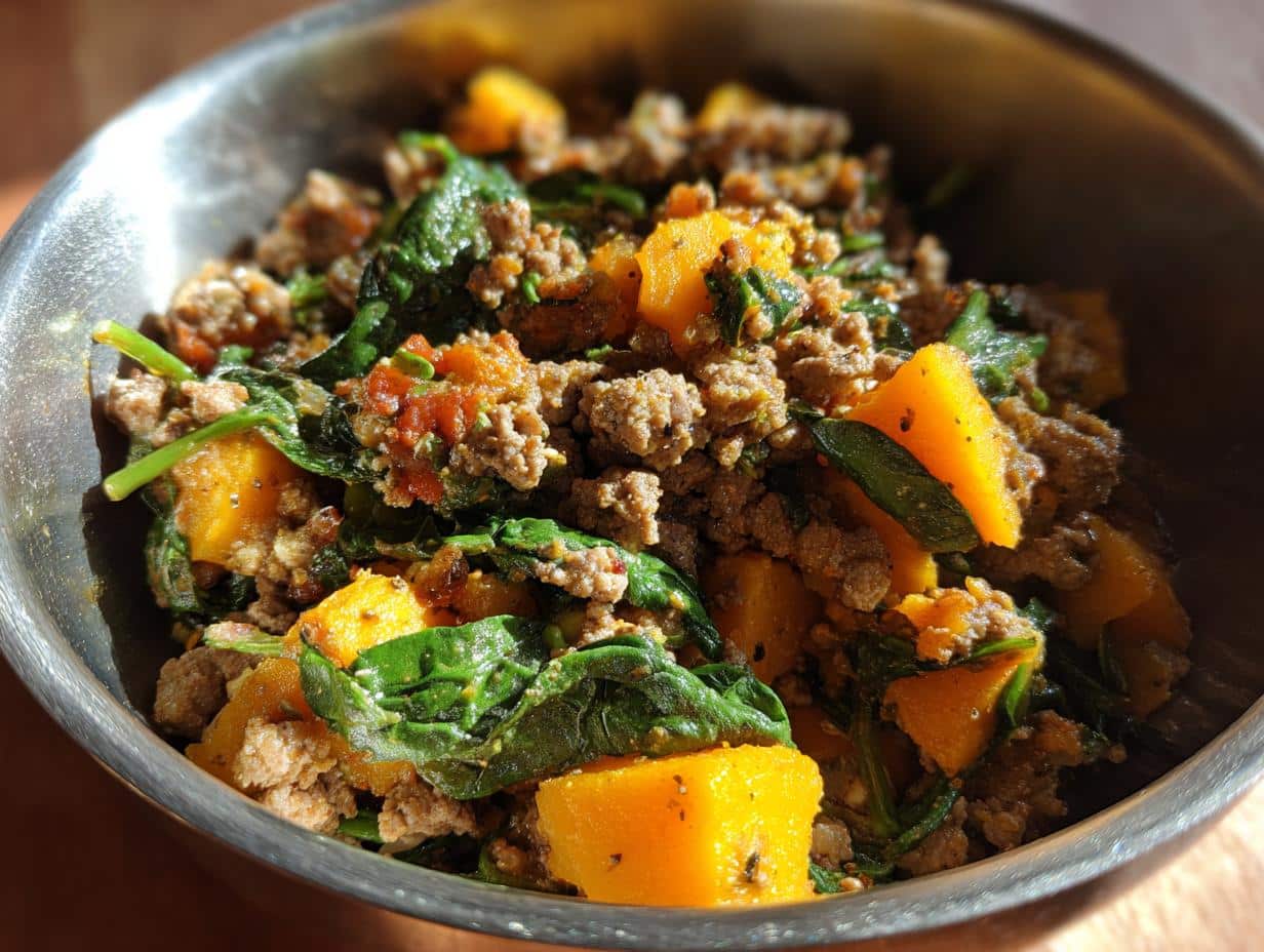 A bowl of freshly prepared Raw Lamb & Pumpkin Dog Meal, featuring visible chunks of pumpkin and lamb.