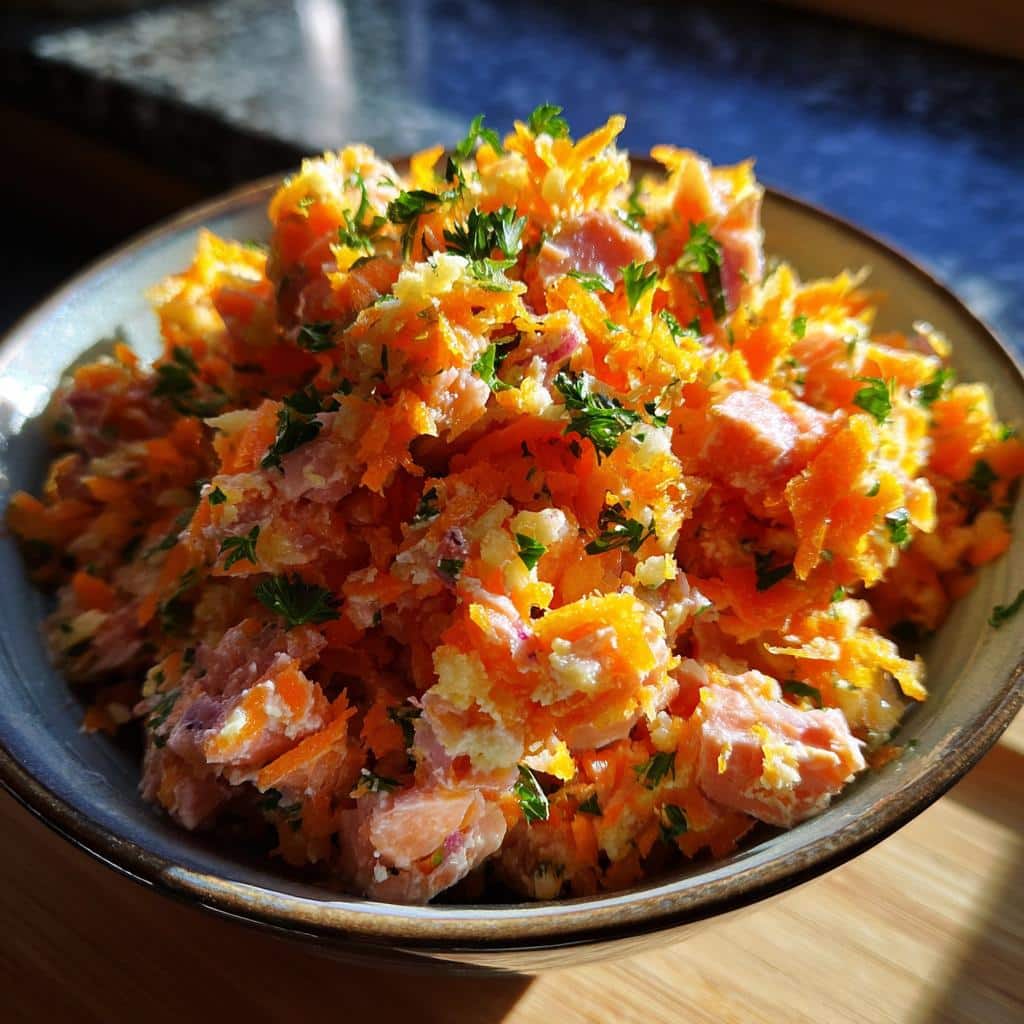 A bowl of homemade Raw Salmon & Carrot Dog Food, garnished with fresh parsley.