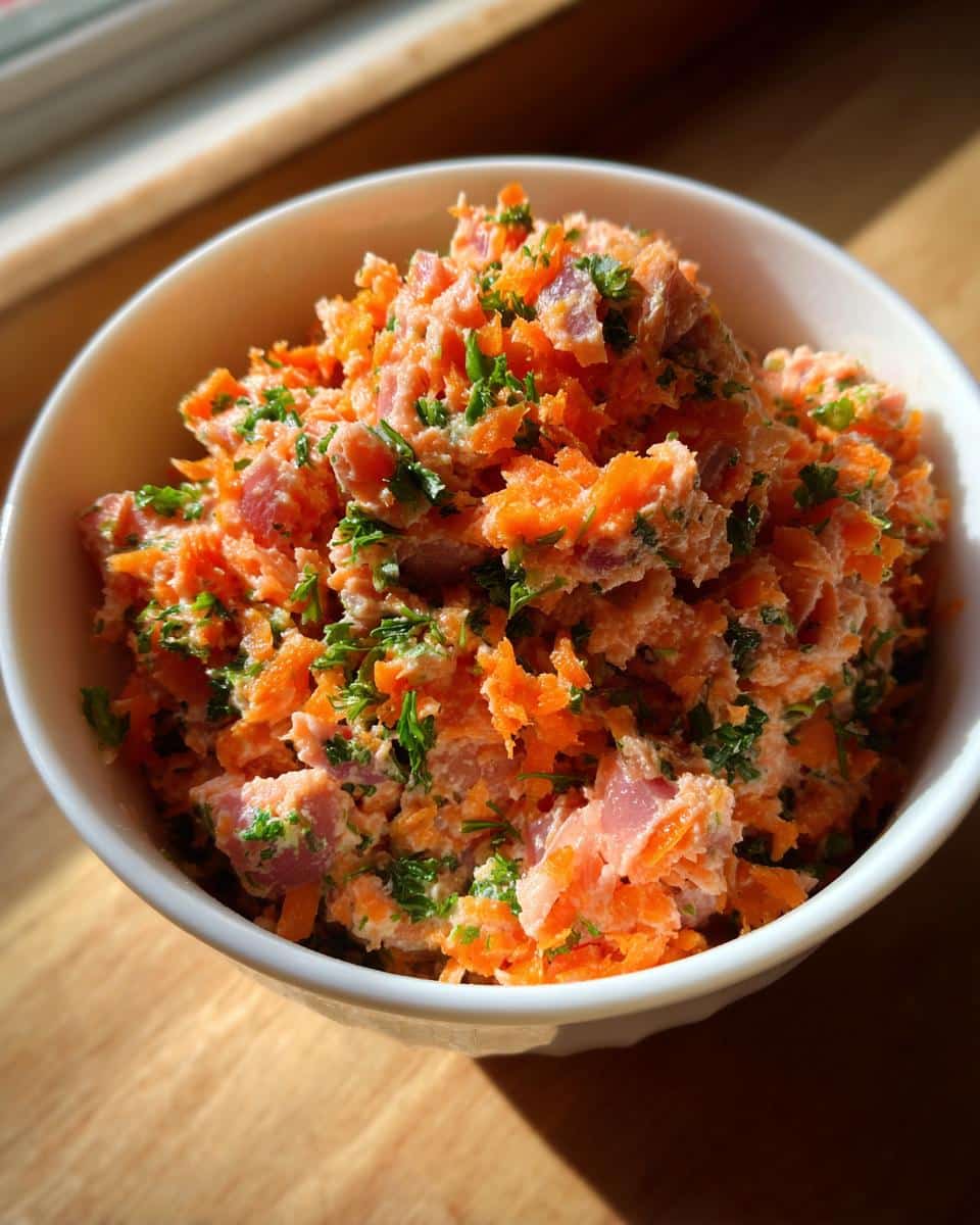 A bowl of freshly prepared Raw Salmon & Carrot Dog Food, garnished with herbs.