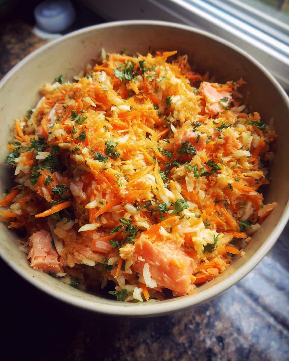 A bowl filled with freshly prepared Raw Salmon & Carrot Dog Food, garnished with parsley.