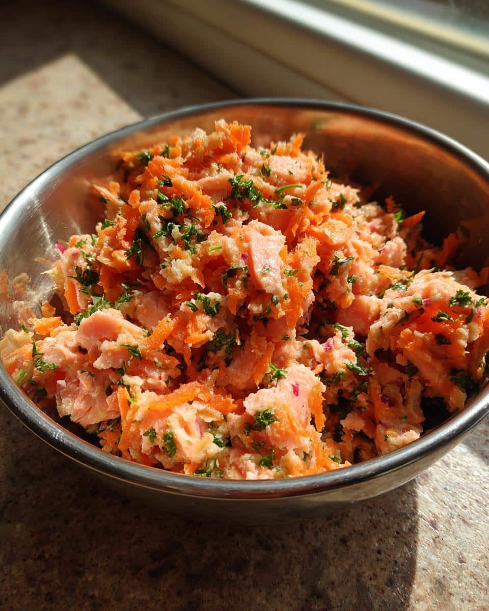 A stainless steel bowl filled with freshly prepared Raw Salmon & Carrot Dog Food, garnished with herbs.