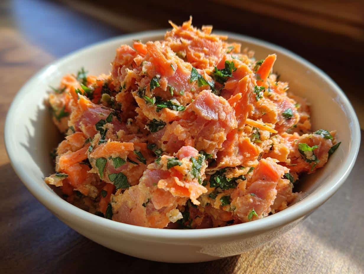 A bowl of Raw Salmon & Carrot Dog Food, featuring shredded carrots, salmon pieces, and fresh herbs.