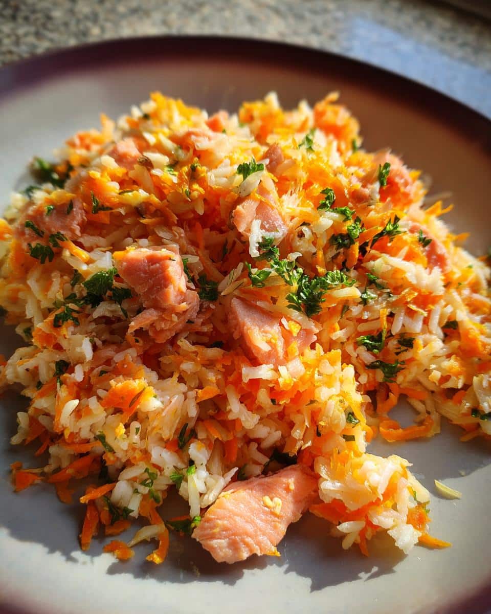 A plate of freshly prepared Raw Salmon & Carrot Dog Food, garnished with parsley.