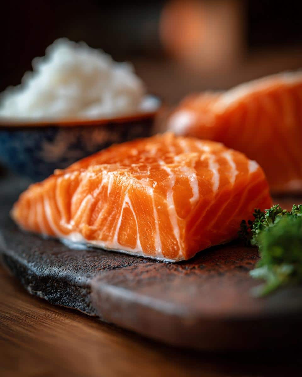 Close-up of raw salmon fillet and rice, key ingredients in Raw Salmon & Rice Energy Dog Food.