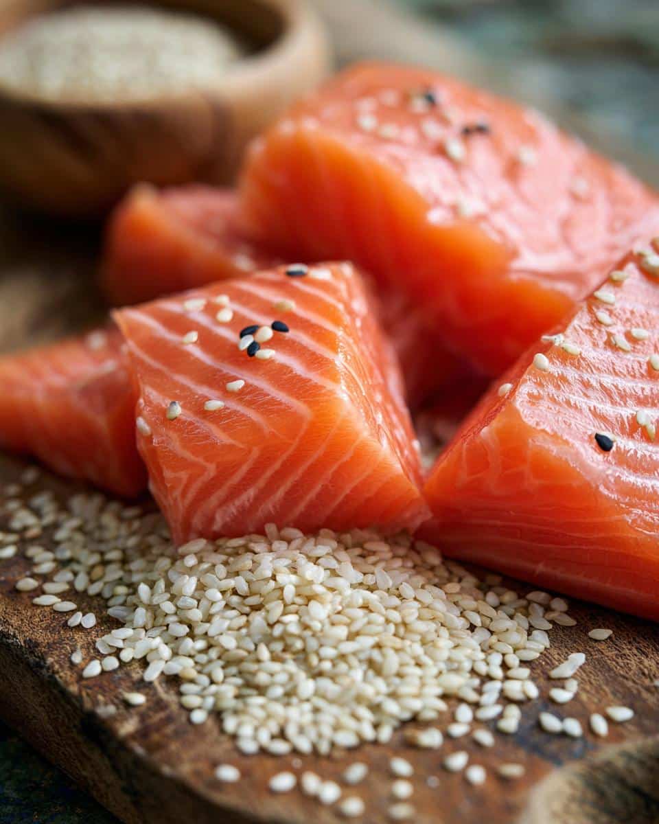 Close-up of raw salmon cubes with rice, ingredients for Raw Salmon & Rice Energy Dog Food.