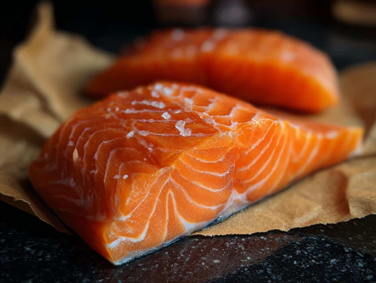 Two fresh cuts of raw salmon, ready to be used in Raw Salmon & Rice Energy Dog Food.