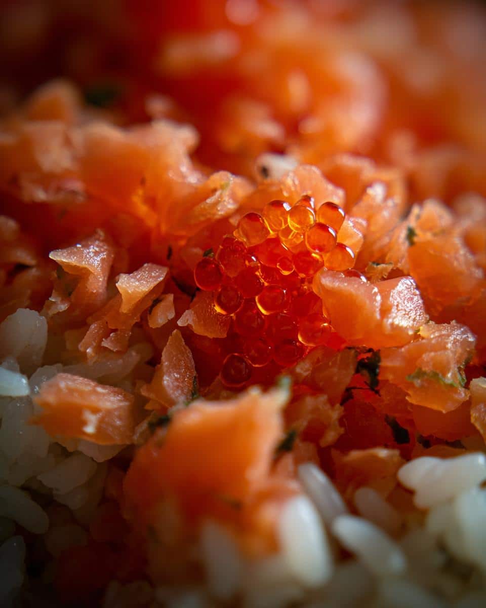 A close-up of Raw Salmon & Rice Energy Dog Food, showcasing salmon pieces, rice, and fish roe.