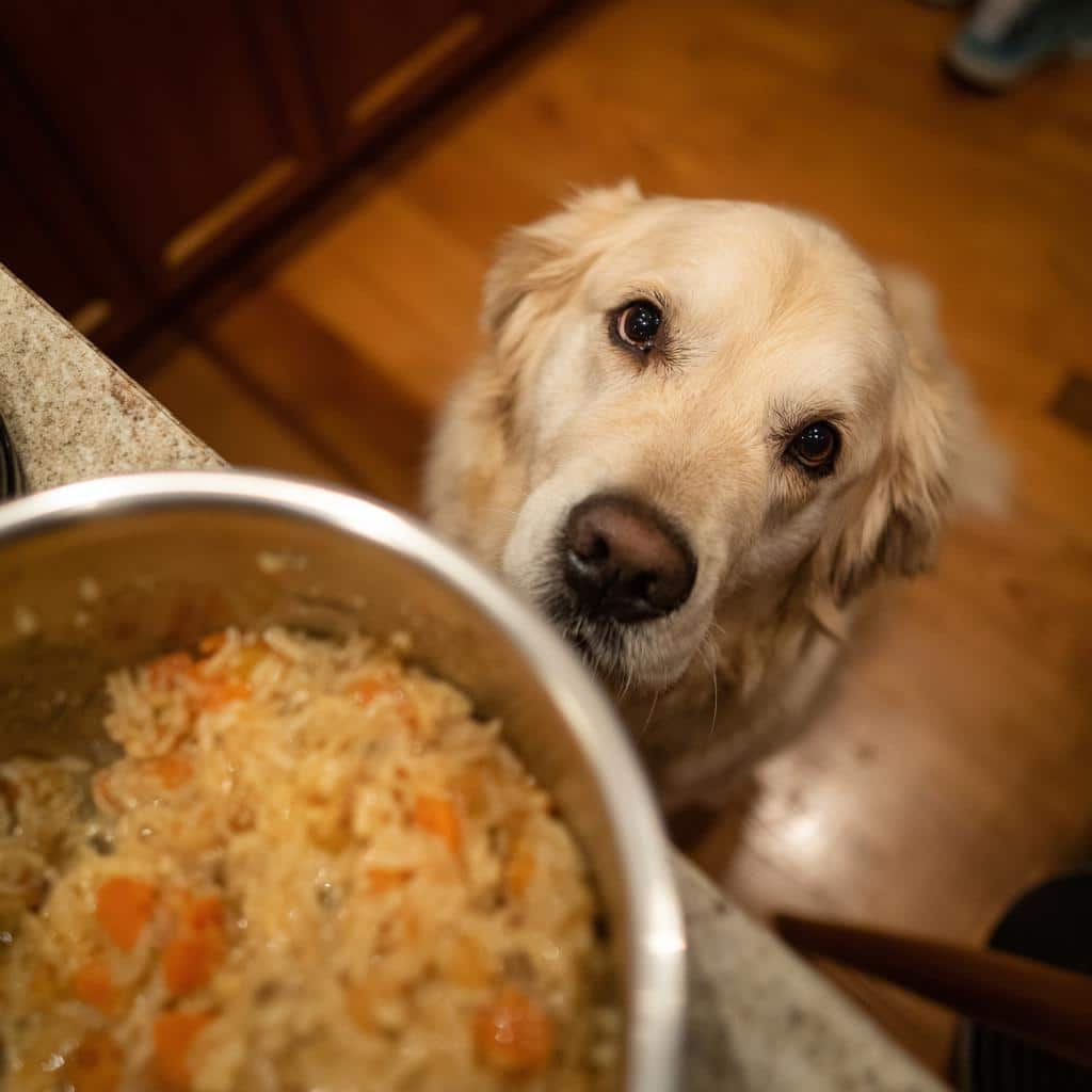 Golden retriever looking longingly at a bowl of Raw Salmon & Rice Energy Dog Food.