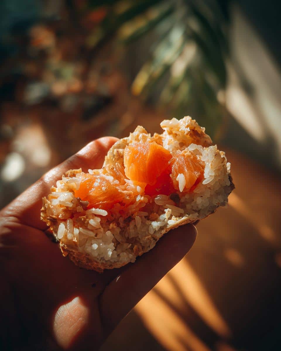 Close-up of a hand holding a portion of Raw Salmon & Rice Energy Dog Food, showing salmon and rice.
